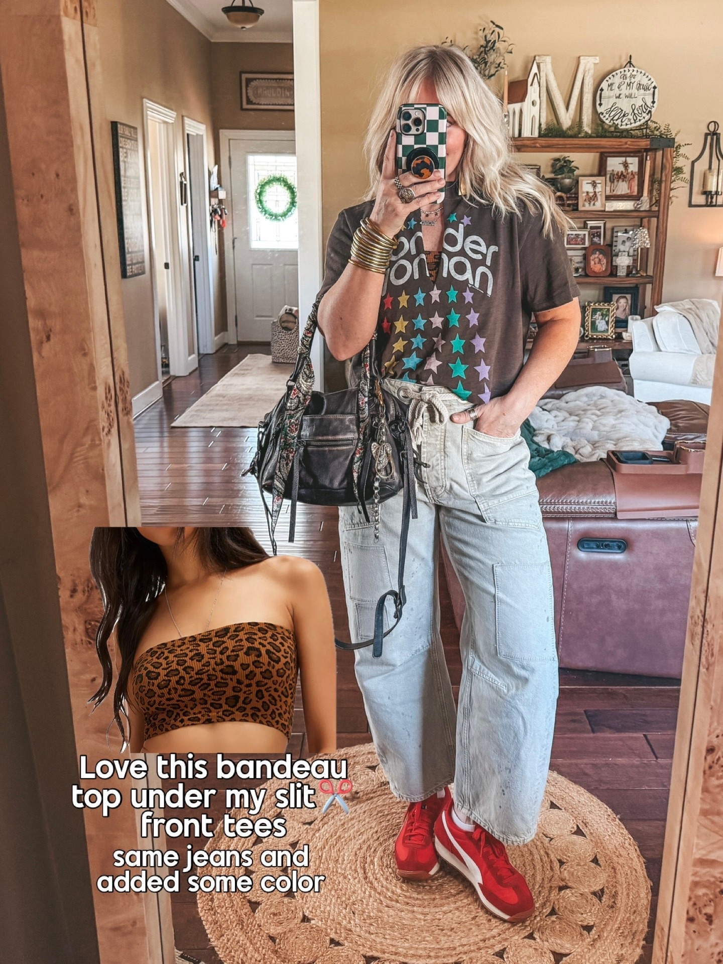 Cut the slit in my tee and added this fun bandeau top to peek out.