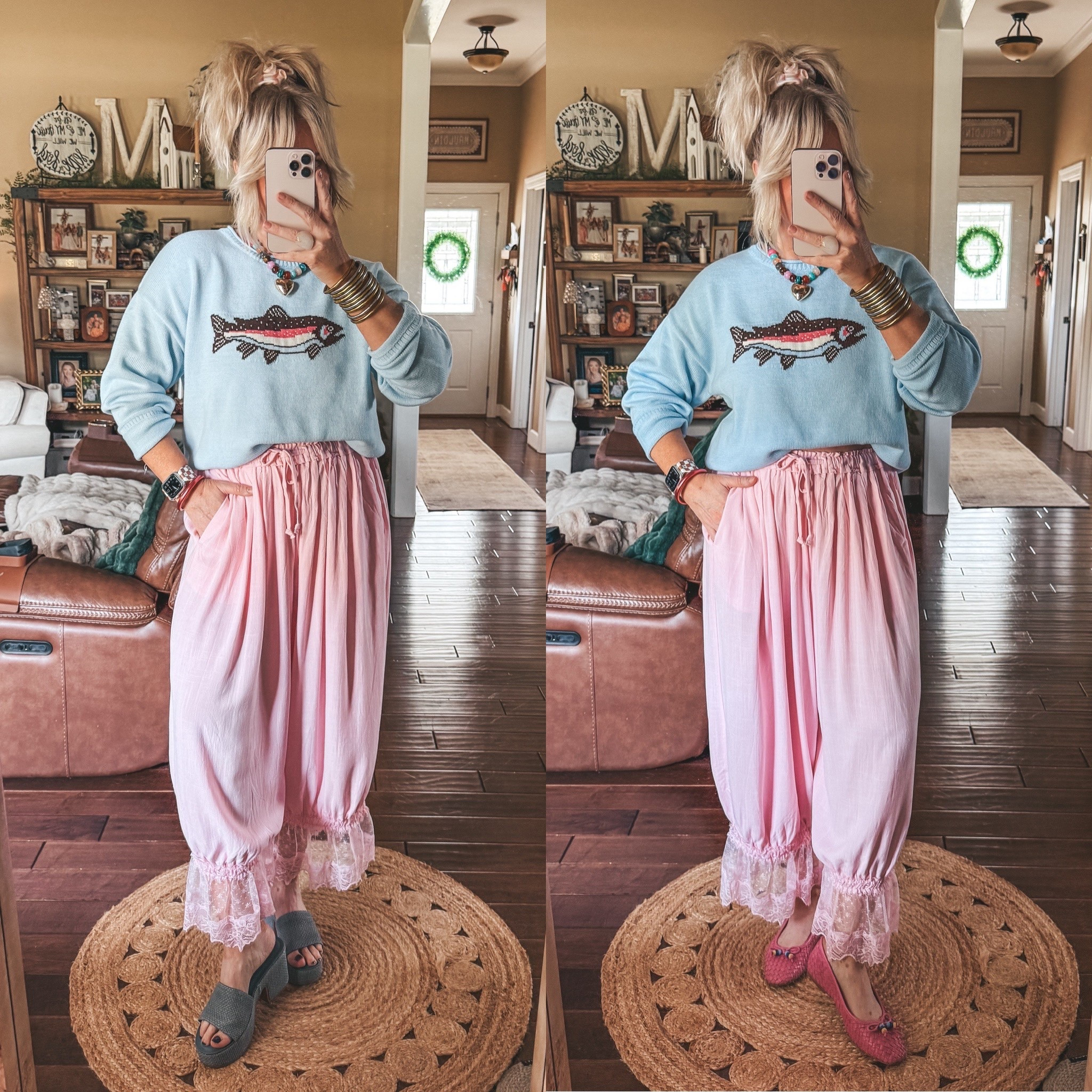 Wearing a medium in sweater and pants.